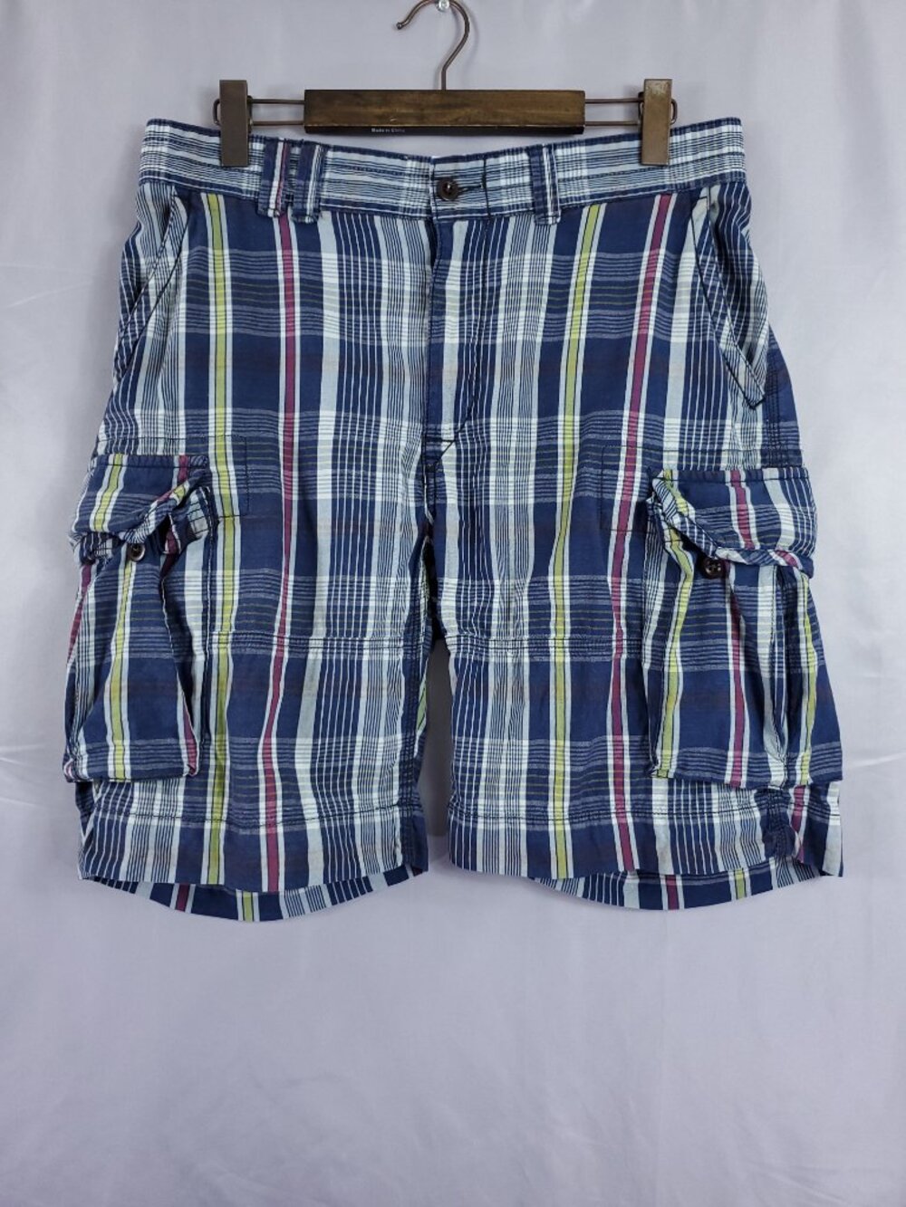 Vintage Polo Ralph Lauren Mens Size 34 Plaid Cargo Shorts Blue Cotton Madras Y2K